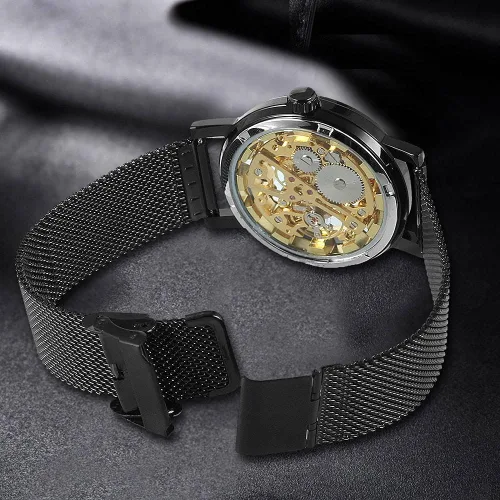 Vista 5 de Reloj de hombre con correa de acero inoxidablecorrea de malla reloj mecánico de esqueleto para hombre