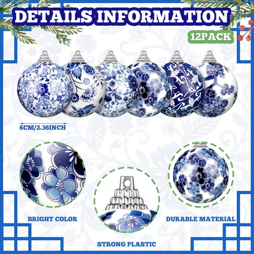 Vista 3 de Poen 12 piezas Adornos de porcelana chinoiserie Adornos de decoración chinoiserie Adornos de bola de plástico azul y blanco con cinta para árbol