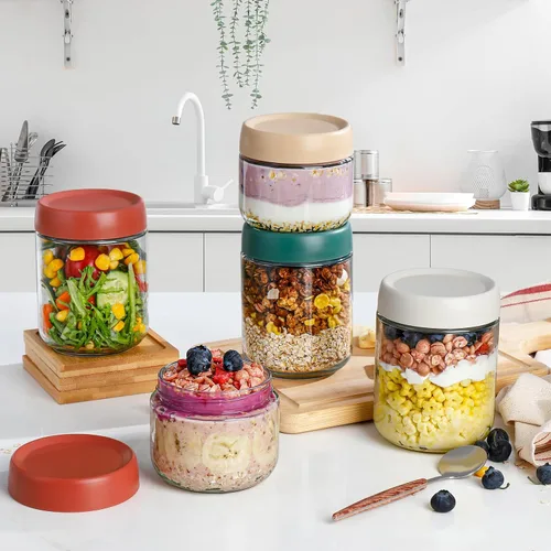 Vista 7 de DIMBRAH Recipientes para Avena Nocturna con Tapas, Frascos de Vidrio de 16oz con Tapas - Juego de 4, Práctico Recipiente de Avena para Llevar