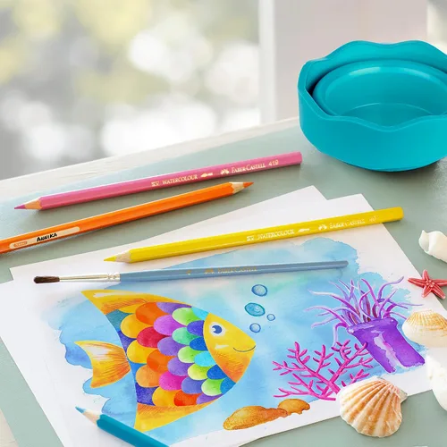 Vista 3 de Faber-Castell Clic & Go - Taza de agua de pintura portátil con soporte para cepillo, turquesa, limpiador de pinceles de pintura plegable, taza