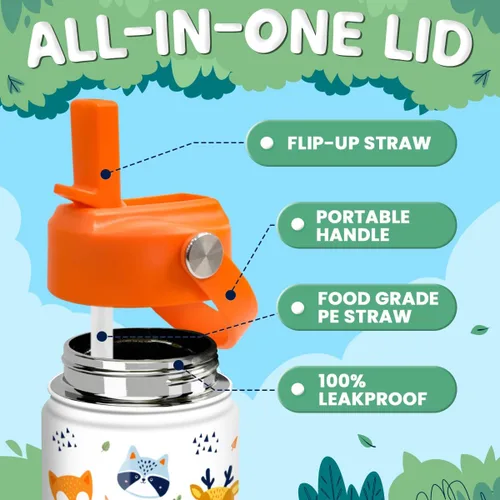 Vista 3 de SANDJEST Botella de Agua para Niños con Tapa de Pajita - 12 Oz Botella de Acero Inoxidable Aislada con Dibujo de Animales para Niños y Niñas - Taza
