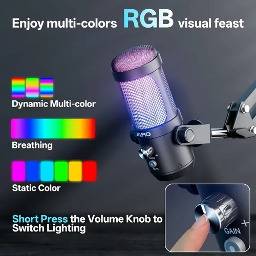 Vista 4 de JARO Micrófono USB para podcast con brazo de brazo, micrófono de condensador de estudio con monitoreo en tiempo real, silencio, control de volumen