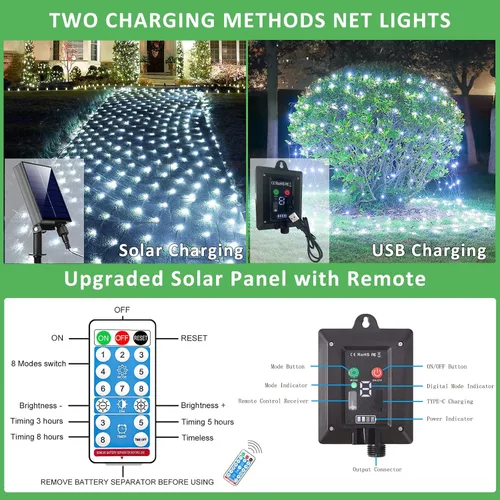Vista 5 de Luces solares de red para exteriores, 360 luces LED USB de malla blanca fría para arbustos impermeables, 21 pies x 5 pies, 8 modos luces de cadena