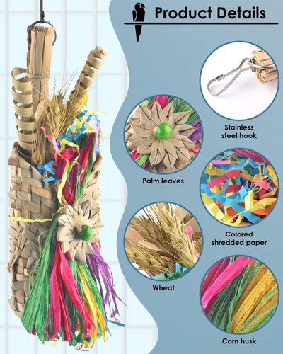 Vista 3 de Bissap Juguetes para masticar pájaros, trituradora de forrajería de loros, bolsa tejida con palmera natural, jaula colgante de juguete con golosinas
