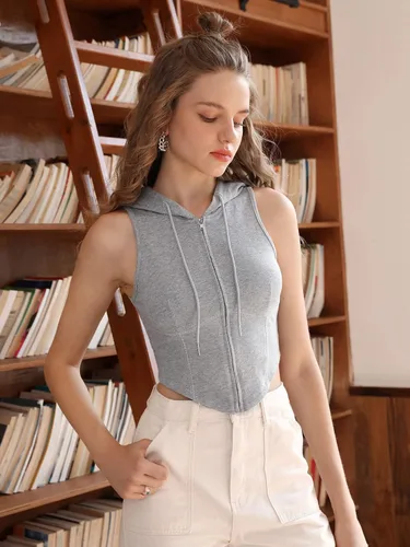 Vista 5 de Verdusa Sudadera sin mangas con capucha y cremallera completa para mujer