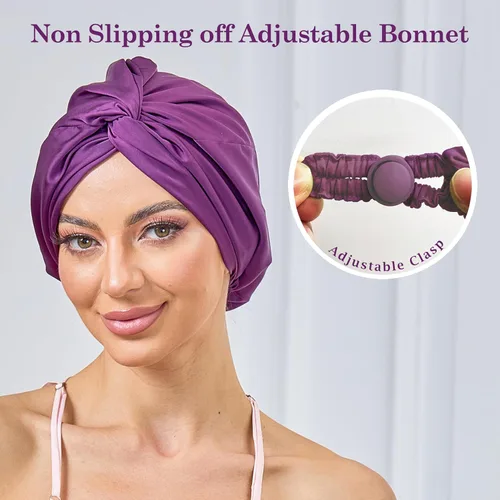 Vista 32 de Gorro de satén de seda ajustable para envolver el cabello para dormir, gorro de dormir de doble capa, turbante nocturno para cabello largo y rizado