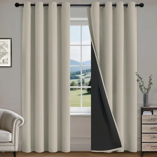 Vista 65 de COSVIYA Cortinas opacas 100% beige Biscotti para dormitorio, juego de 2 paneles de 63 pulgadas de largo, bloqueo de luz completa, aislamiento
