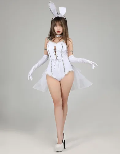 Vista 3 de Mobbunny Body de cosplay de conejito de novia de Halloween con guantes, diadema y gargantilla de conejito