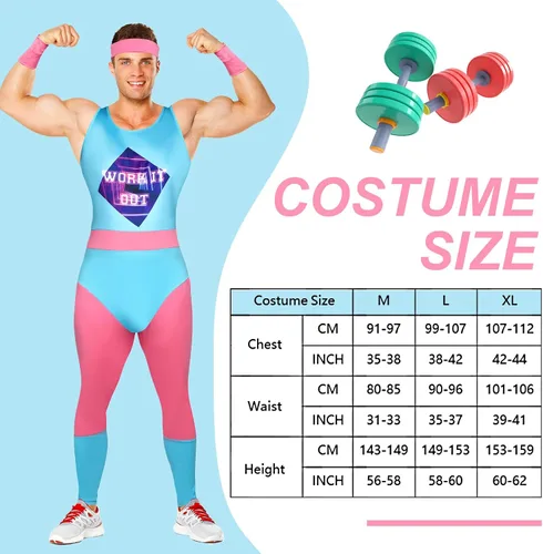 Vista 2 de TWOWYHI Disfraces de Halloween para fiesta de Halloween de los años 80 para hombre, disfraz de entrenamiento con leggings, cubierta de pierna