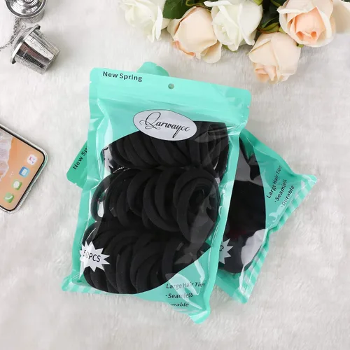 Vista 5 de 50 ligas negras para el cabello para mujer, bandas de algodón sin costuras, soportes elásticos para cola de caballo, no dañan el cabello grueso, 2
