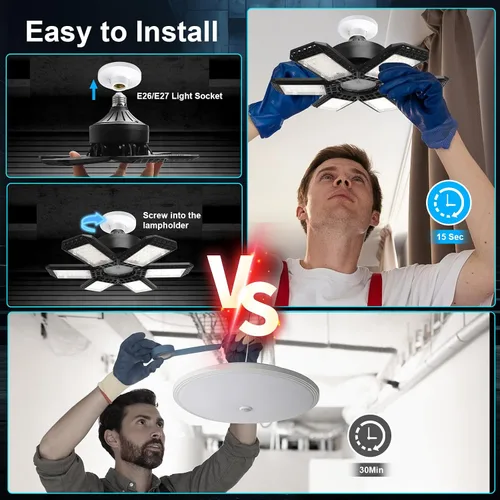 Vista 3 de Paquete de 2 Luces de Garaje, 200W 20000LM 6500K Luces LED de Taller, Luces LED de Techo de Garaje con 6+1 Paneles Ajustables para Sótano, Granero