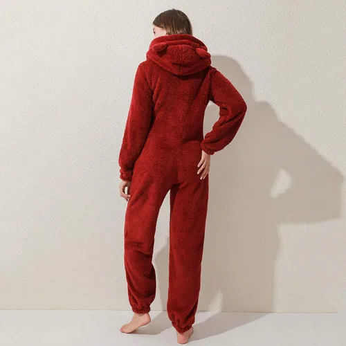 Vista 7 de Pijama de forro polar para mujer, mameluco cálido de sherpa, ropa de dormir de una pieza con cremallera y capucha