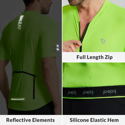 Vista 5 de BALEAF Camiseta de ciclismo de manga corta para hombre, camiseta de ciclismo con cremallera completa 3+1 bolsillos, UPF50+ amarillo, XL, 01-amarillo