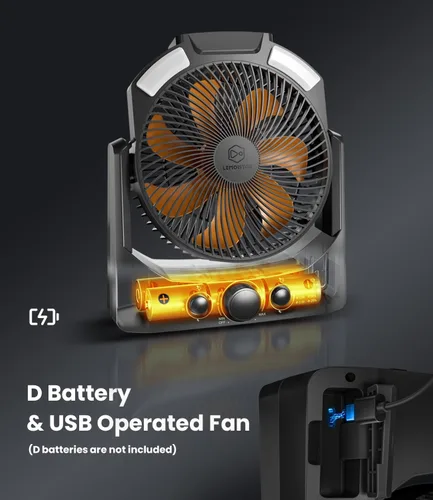 Vista 2 de Ventilador de campamento con linterna LED, ventilador de escritorio con pilas D de 8 pulgadas con temporizador, control de velocidad continuo