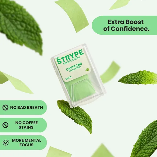 Vista 4 de Tiras de Energía Cafeína Instantánea en una Tira 80mg por Porción Cafeína Portátil + Mentas para el Aliento Cero Calorías y Cero Azúcar