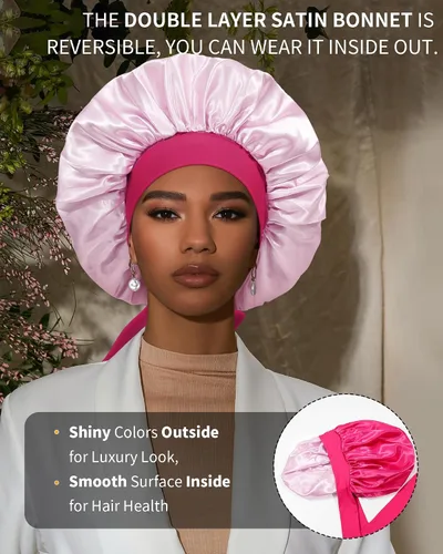 Vista 2 de Gorro de satén para mujer, gorro de seda para dormir, gorro de pelo rizado con banda de corbata, doble capa para dormir, envoltura para el cabello