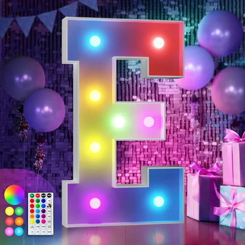 Vista 18 de Imprsv Letras coloridas de marquesina de 3 pies y letras grandes iluminadas RGB con control remoto, decoraciones de fiesta de cumpleaños Carta