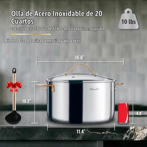 Vista 6 de Ciwete Olla de stock de 20 cuartos, olla de acero inoxidable de 3 capas con tapa, olla de sopa de 20 cuartos con asa de cobre, ollas sanas, apta