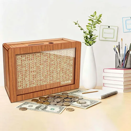 Vista 8 de Alcancía para adultos y niños, banco de monedas de madera para niños y niñas, caja fuerte de efectivo caja de ahorro de dinero con contador, caja