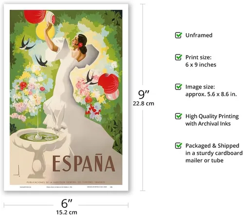 Vista 2 de España (España) - Bailarina con fuente y pájaros - Póster de viaje vintage por Marcias José Morell c.1941 - Impresión artística maestra (sin marco)