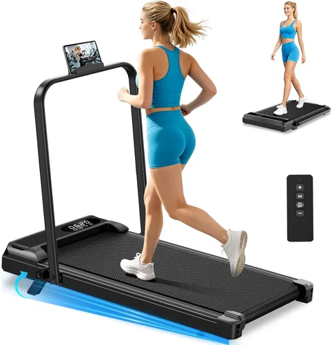 Vista 9 de Walking Pad Treadmill with 8% Incline & Handle Bar, Portable Under Desk Treadmill for Home Office, Compact Foldable Treadmill Quiet Anti-Slip Blanco