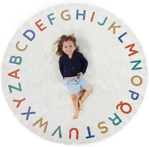Vista 10 de ABC - Alfombra del alfabeto para niños, alfombra de juego redonda azul de 6 pies para niños pequeños y bebés, decoración suave para el cuarto