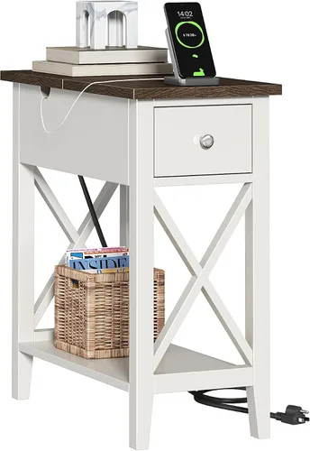 Vista 11 de ChooChoo Mesa auxiliar, mesa auxiliar estrecha abatible con estación de carga Narrow Side Table with USB Ports and Outlets, Nightstand with