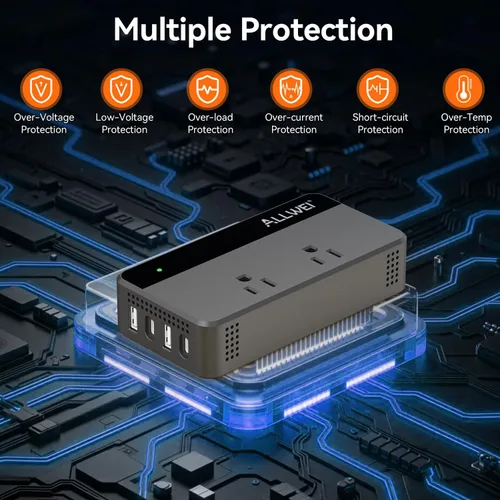 Vista 5 de ALLWEI Inversor de corriente para automóvil de 200 W, 12 V CC a 110 V CA inversor de automóvil con 4 puertos USB de carga rápida (2 USB A, 2 USB C)
