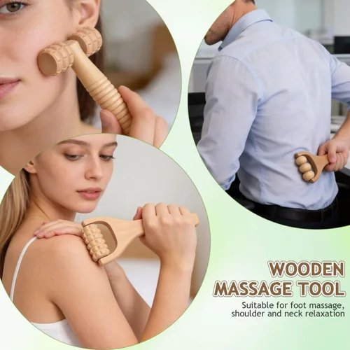 Vista 6 de Herramienta de rodillo de masaje de madera, paquete de 3 masajeadores de mano para cuerpo y pies para terapia de reflexología y relajación muscular