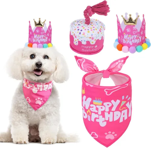 Vista 11 de Mihachi Suministros para fiestas de cumpleaños para perros, bandana y sombrero con número, bufanda triangular para regalo de decoración, perros