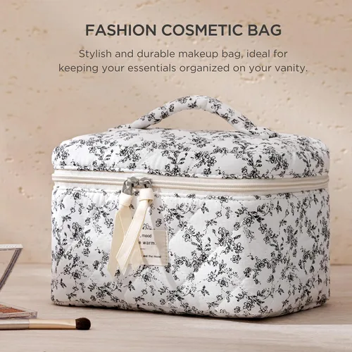 Vista 3 de HBselect Bolsa de Maquillaje Acolchada, Bolsa de Maquillaje Grande de Algodón para Viaje, Lindas Bolsas de Maquillaje con Flores Coquette, Bolsas