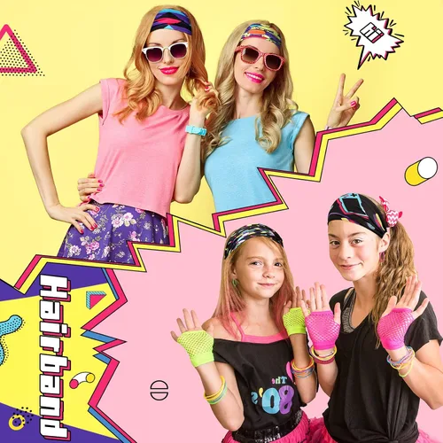 Vista 6 de 10 diademas de los años 80 y 90, accesorios para mujeres y hombres, diademas de entrenamiento retro de neón, bandas para el sudor, disfraces