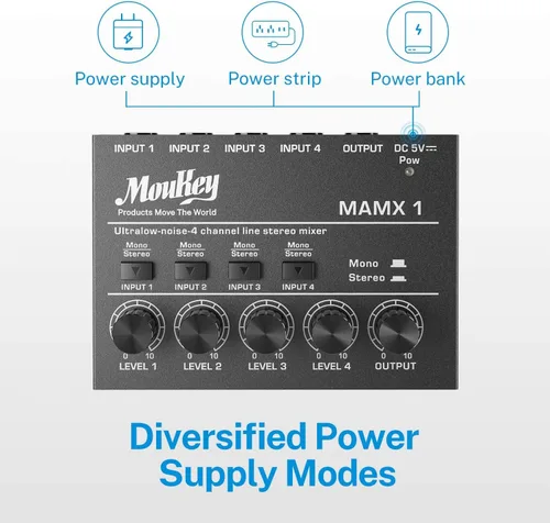 Vista 5 de Moukey Mini Mezclador de Audio, DC 5V, 4 Estéreo Ultra, Mezclador de Línea de 4 Canales de Bajo Ruido para Sub-Mezcla, para Pequeños Clubes o Bares