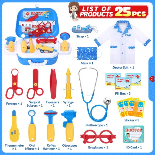 Vista 8 de Kit de doctor para niñas, juego de médicos para niños pequeños, 22 piezas, regalo de juego de doctor para niños, juego de juguetes médicos con juego