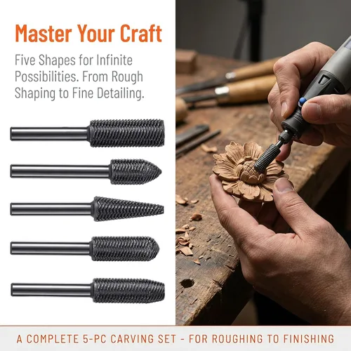 Vista 5 de OIIKI 5 PCS Woodworking Twist Drill Bits, Wood Carving File Rasp Drill Bit Black Drill Bits with 1/4" Shank Tool Rasp Chisel Shaped Rotating