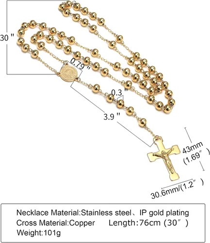 Vista 6 de VNOX Collar unisex de acero inoxidable largo con cuentas de rosario de Jesús cruz católica crucifijo católico 36 pulgadas Edelstahl Piedra de lava
