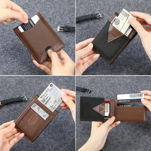 Vista 3 de Tryangoos Cartera plegable de cuero genuino con bloqueo RFID delgada y minimalista para hombre, bolsillo frontal con cierre magnético, bolsillo