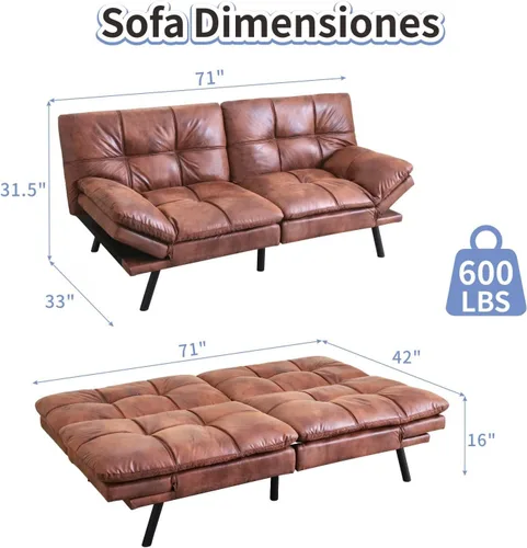 Vista 2 de MUUEGM Sofá cama futón marrón de cuero de espuma viscoelástica moderna sofá de oficina cama convertible sofá biplaza sofá para espacios pequeños