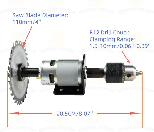 Vista 3 de CHANCS Motor de sierra 775 DC 24V 12000RPM Motor de engranaje de doble salida eje taladro Chuck Mini Sierra circular eléctrica DIY