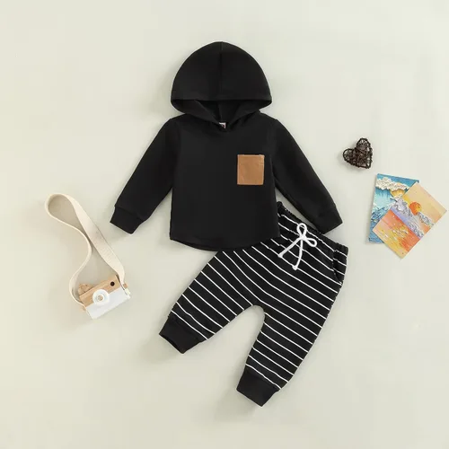 Vista 3 de Conjunto de ropa para niños pequeños, sudadera de retazos, manga larga, pantalones sólidos, para otoño e invierno