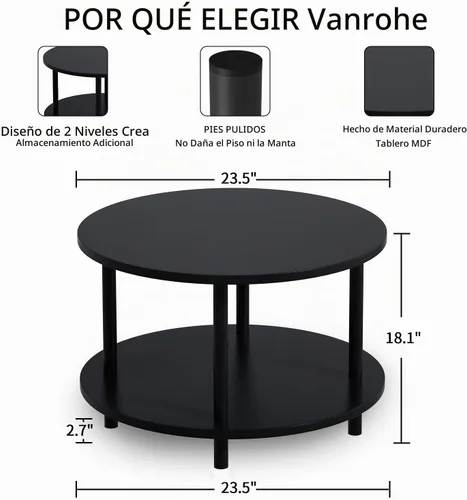 Vista 3 de Mesa de Centro Redonda Pequeña con Almacenamiento Abierto para Espacios Pequeños, 23.5" Negra Mesa Central de Madera de 2 Niveles para Sala de Negro