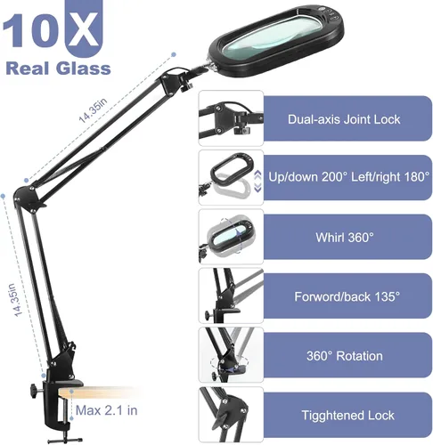 Vista 7 de Lupa rectangular de 10X con luz y abrazadera, 5 modos de color atenuables sin escalones, lupa iluminada con soporte manos libres, lámpara