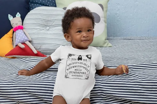 Vista 6 de Pop Threads Ouija Board Seance Spirit Board Design Goth Gothic Infant Baby Boy Girl Bodysuit