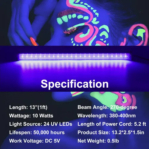 Vista 7 de Barra de Luz Negra 10W Tira de Luz Negra UV para Fiesta Brillante: 1 pie USB Portátil LED Suministros de Fiesta para Pintura Corporal, Escenario