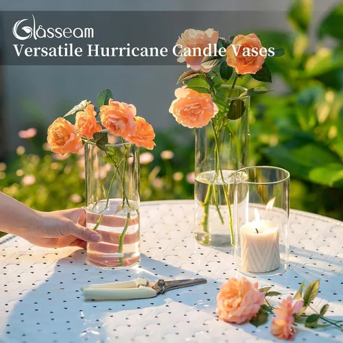 Vista 6 de Glasseam Juego de 6 jarrones cilíndricos transparentes, jarrones de vidrio modernos para centros de mesa, jarrones para velas flotantes