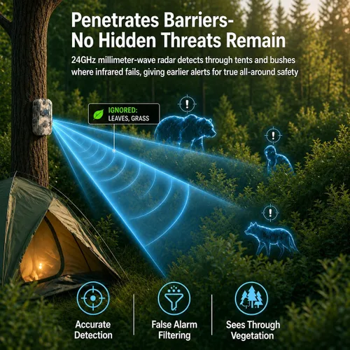 Vista 2 de Alarma de seguridad de radar de campamento, alarma perimetral inalámbrica, alarma de activación con sensor de movimiento recargable, rango de 1/2