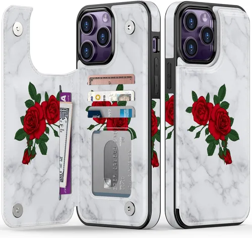 Vista 240 de LETO para iPhone 15 Pro Funda tipo cartera - Tapa tipo folio con patada - Diseños de moda - Tarjetero - Funda protectora para mujeres y niñas - 6.1