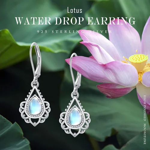 Vista 6 de OHAYOO Aretes de loto de piedra lunar para mujer, plata de ley 925, diseño de flor de loto, aretes colgantes para citas, regalos de joyería