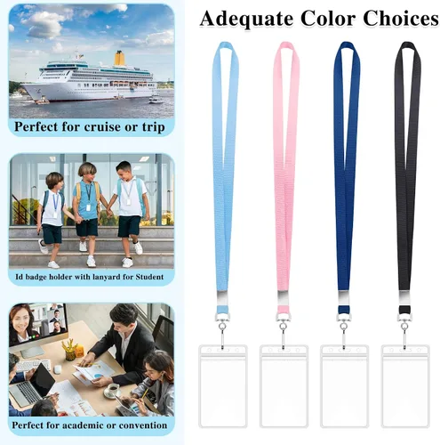 Vista 5 de Paquete de 4 cordones de crucero con soportes impermeables para tarjetas de identificación, 4 colores Soft lanyards, clear PVC zip holders, metal