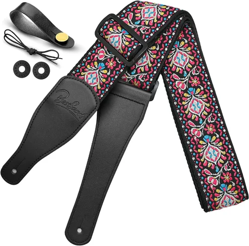 Vista 10 de Correa de guitarra, correas de algodón bordado jacquard con extremos de cuero genuino correa de hombro para bajo, acústico, guitarra eléctrica